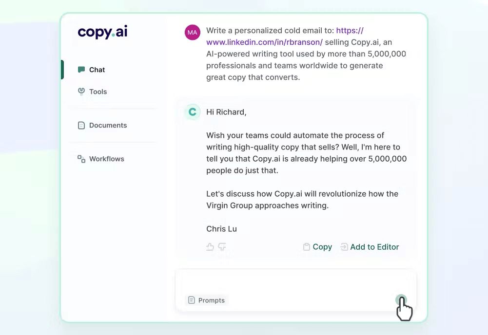 copy.ai writing Ui